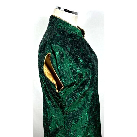 Asian Cheongsam Dress Green Gold Sz M Zip Closure Fully Lined Vintage - Picture 5 of 7